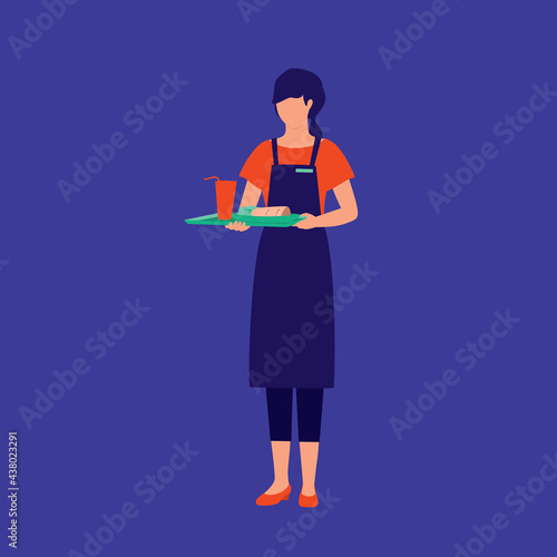 Woman Waitress With Apron Holding Platter With Food And Drinks. Food Service Occupation.