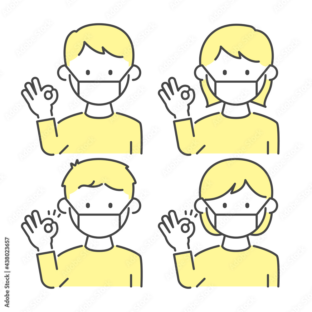 マスクをする男性と女性 Illustration of men and women wearing masks. マスクをする男性と女性 Illustration of men and women wearing masks.