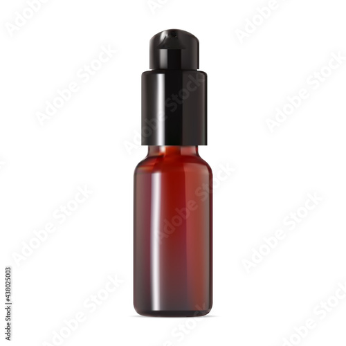Clear amber bottle. Airless pump container mockup. Brown plastic serum spray. Dispenser jar for treatment essence. Mini eye skin foundation packaging, isolated on white
