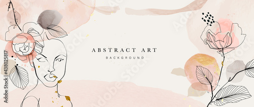 Abstract art botanical background vector . Luxury wallpaper design with women face, leaf, flower and tree  with earth tone watercolor and gold glitter. Minimal Design for text, packaging and prints.
