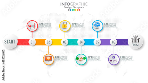 Infograph 6 step color element with arrow, chart diagram, business online marketing concept.