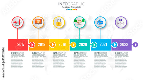 Yearly business timeline infographic chart template with icons.