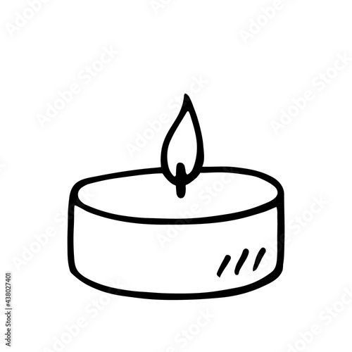 Burning tea light candle isolated on white background. Vector hand-drawn illustration in doodle style. Suitable for cards, logo, decorations.