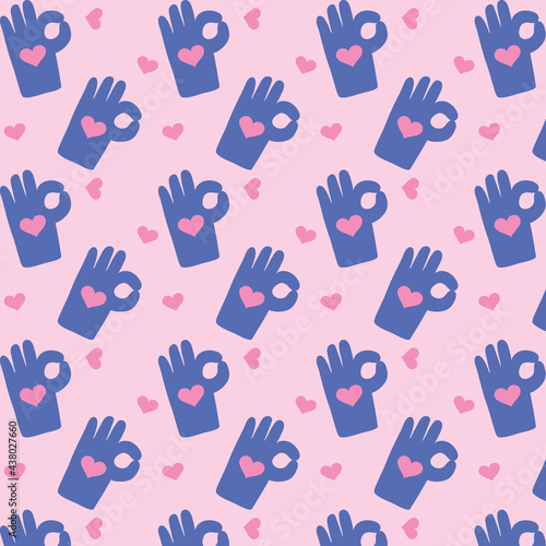 Pattern ok sign with pink hearts, Background sign, agrees or likes concept.