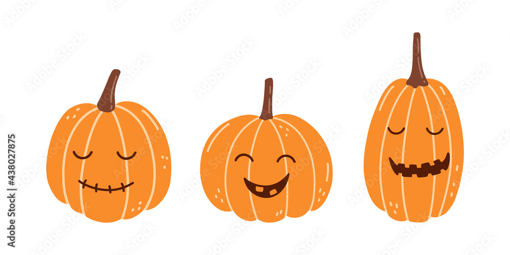 Fototapeta premium Set of cute smiling pumpkins for Halloween isolated on white background. Vector hand-drawn illustration in cartoon flat style. Suitable for cards, invitations, greeting designs, decorations.