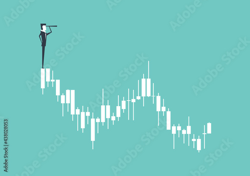 Businessman looking through telescope on the top of the finance candle graph.