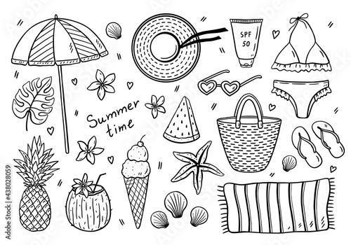 Beach summer set - swimsuit, hat, bag, towel, sunscreen, sunglasses, flip flops, beach umbrella, fruit and ice cream. Vector hand-drawn illustration in doodle style. Perfect for cards, decorations.