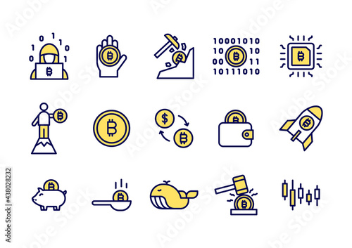 Simple set of Bitcoin line icons. Yellow Bitcoin or Cryptocurrency coin icons for website, application.