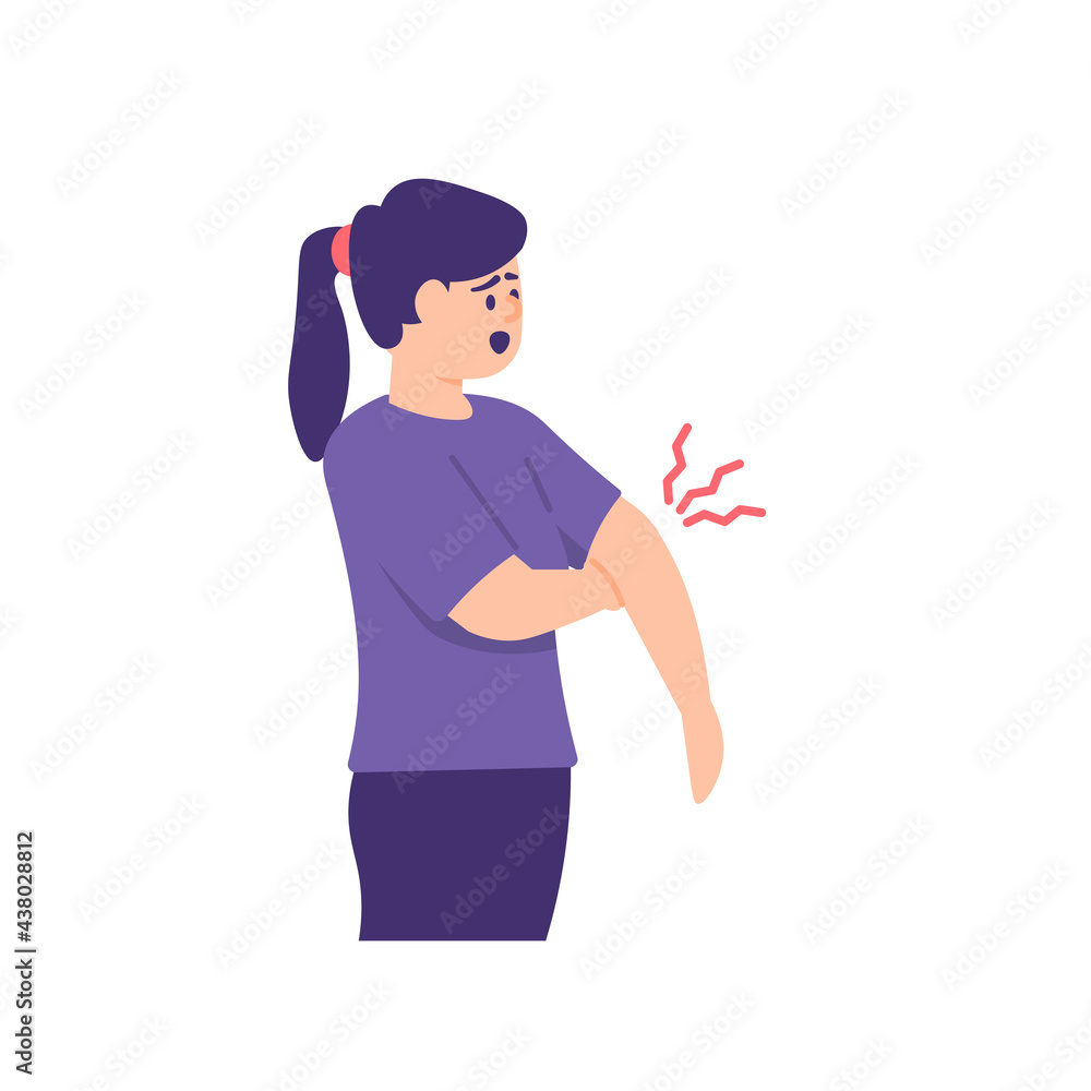 illustration of a woman holding his hand due to a broken bone. suffering from sprains, hand pain. the expression of the person enduring the pain. flat style. vector design illustration of a woman holding his hand due to a broken bone. suffering from sprains, hand pain. the expression of the person enduring the pain. flat style. vector design