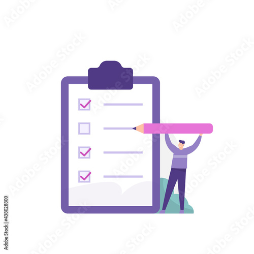 opinion concept, survey, election, or questionnaire. illustration of a person filling in or answering a question by checking a box on a question paper pasted to the board. flat style. vector design