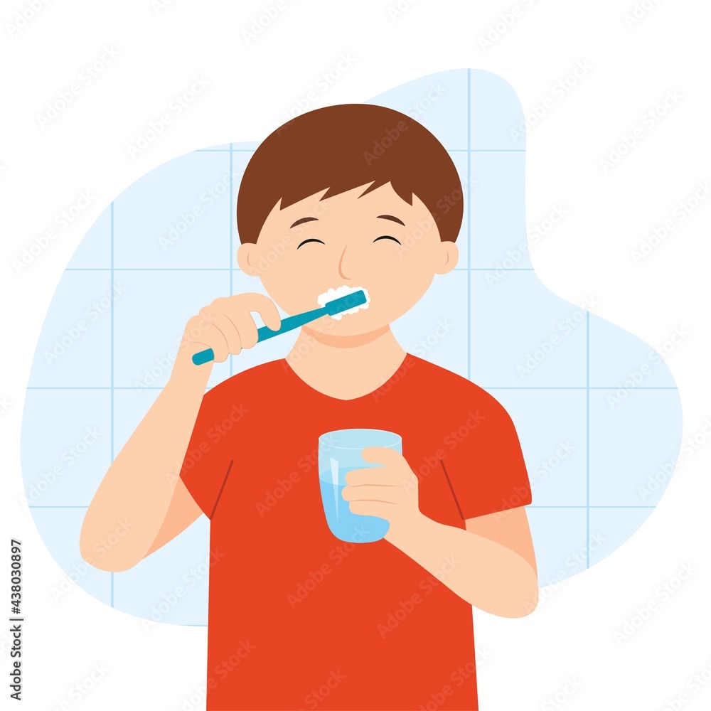 Boy brushing teeth with toothpaste. Cute kid clean his teeth. Vector