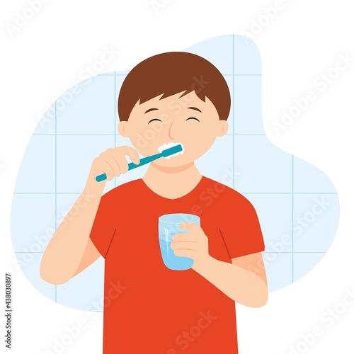 Boy brushing teeth with toothpaste. Cute kid clean his teeth. Vector illustration.