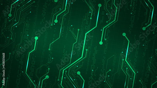 Diagonal electronic circuit design on a dark green background.