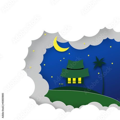 Paper cut of traditional malay house with yellow moon, white clouds and coconut tree with gradient green background.

