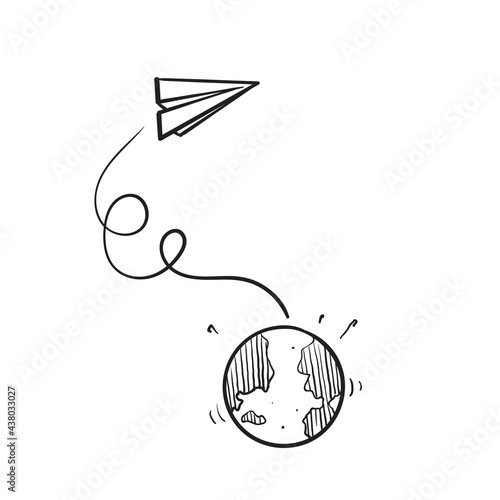 hand drawn doodle globe and paper plane track symbol for journey illustration isolated