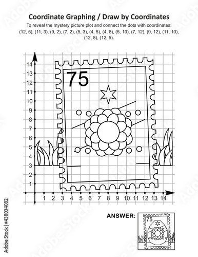 This is Easter holiday themed coordinate graphing, or draw by coordinates, and coloring page math worksheet with postage stamp depicted painted egg mystery picture. Answer included.
