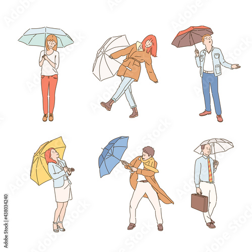 Collection of people characters with umbrellas on a rainy day. hand drawn style vector design illustrations. 