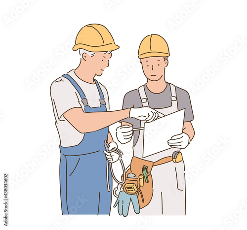 Two construction site workers are looking at the blueprints and discussing their opinions. hand drawn style vector design illustrations. 