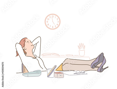 A business woman is resting with her legs crossed on a desk. hand drawn style vector design illustrations. 