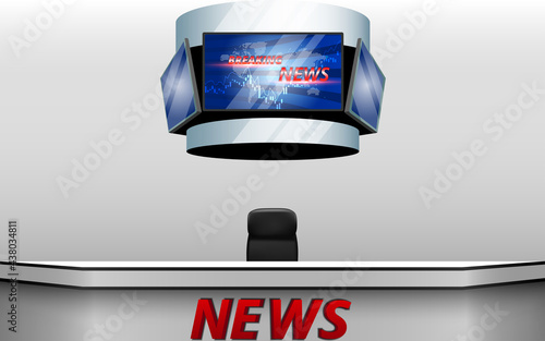 table and chairs with breaking news live on led screen background in the news studio room