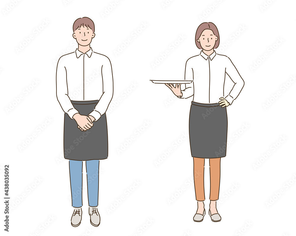Male and female waiters in black apron. hand drawn style vector design illustrations. Male and female waiters in black apron. hand drawn style vector design illustrations.