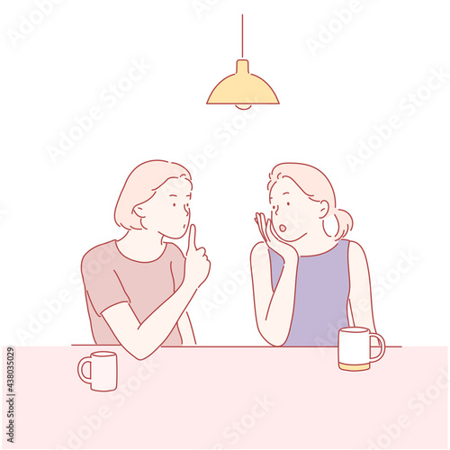 Two friends are sitting in a cafe and telling a secret. hand drawn style vector design illustrations. 