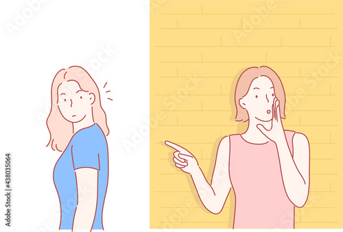 A woman is hiding behind a wall, pointing a finger at another woman and spreading rumors. hand drawn style vector design illustrations. 