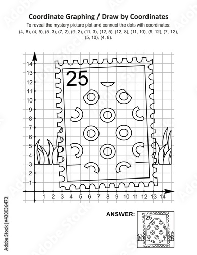 This is Easter holiday themed coordinate graphing, or draw by coordinates, and coloring page math worksheet with postage stamp depicted painted egg mystery picture. Answer included.
