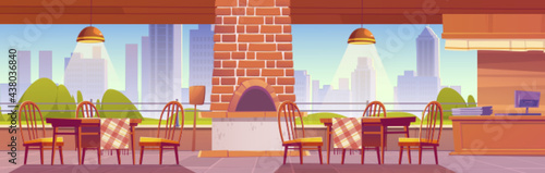 Pizzeria or family outdoor cafe with oven for pizza on cityscape background, Empty cozy open air cafeteria with cashier desk, wooden tables and chairs in rustic style, Cartoon vector illustration