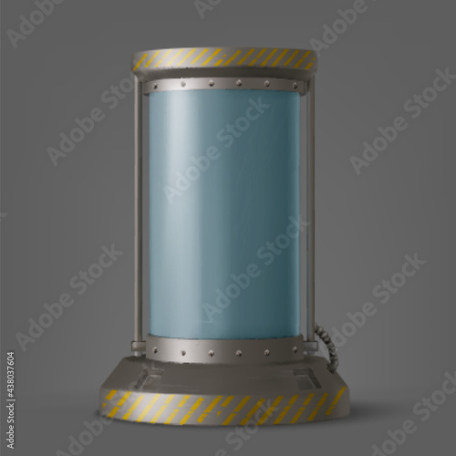 Cryonics capsule, futuristic container with glass tube and cryogenic liquid for hibernation on spaceship or laboratory. Scientific technology camera, Sci-fi freezer, Realistic 3d vector illustration