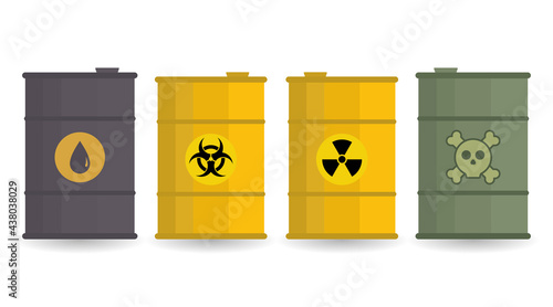 Vector steel barrel of radioactive waste. Container in flat style with oil drop, crossbones, radiation and biohazard icons