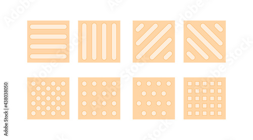 Paving tactile tile floor template, tips for visually impaired people. Squares with relief figures. Eps 10 vector illustration.