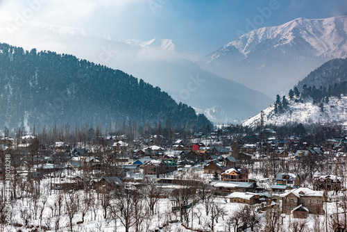 Snow-filled farm villages and rivers on the way from Srinagar to Sonmarg and Gulmarg