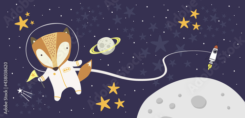 Cute fox in astronaut suit on starry background with space ship and moon. Drawn style illustration. can be used for nursery decoration, design for baby and kids