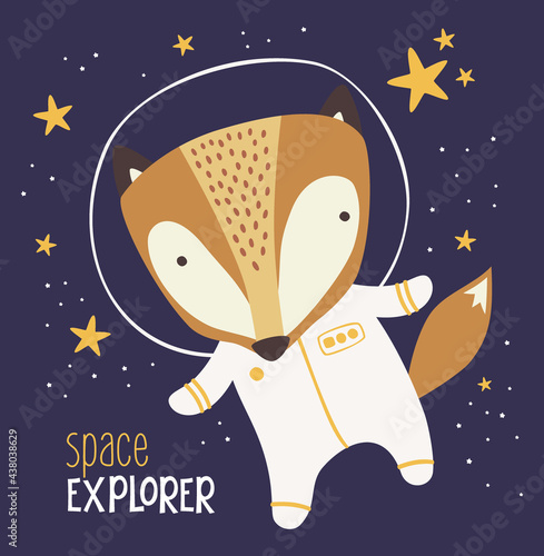 Cute fox in astronaut suit on starry background. Drawn style illustration. can be used for nursery decoration, design for baby and kids