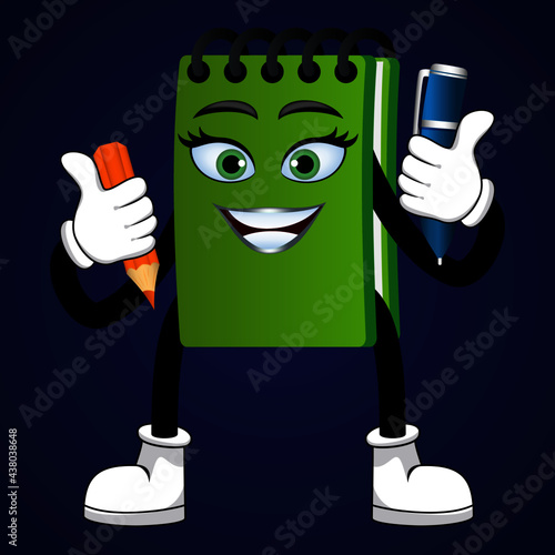 Mascot colorful notepad character standing and holding pen and pencil isolated