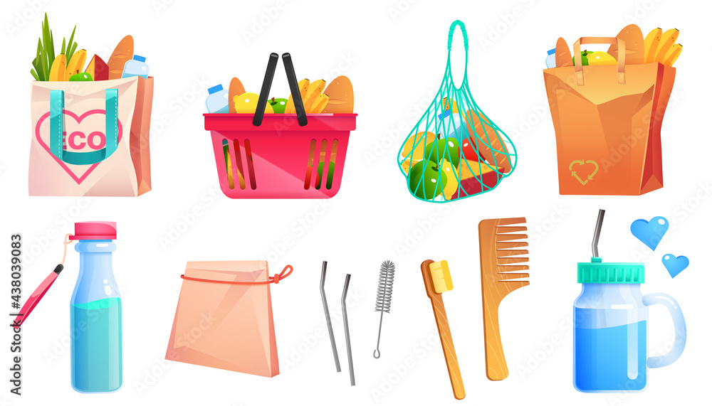 Zero waste goods, net, cotton and paper shopping bags, wooden comb and toothbrush, glass bottle and cup with metal straw. Vector cartoon set of recycle eco packages with food and reusable goods Zero waste goods, net, cotton and paper shopping bags, wooden comb and toothbrush, glass bottle and cup with metal straw. Vector cartoon set of recycle eco packages with food and reusable goods