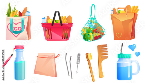 Zero waste goods, net, cotton and paper shopping bags, wooden comb and toothbrush, glass bottle and cup with metal straw. Vector cartoon set of recycle eco packages with food and reusable goods