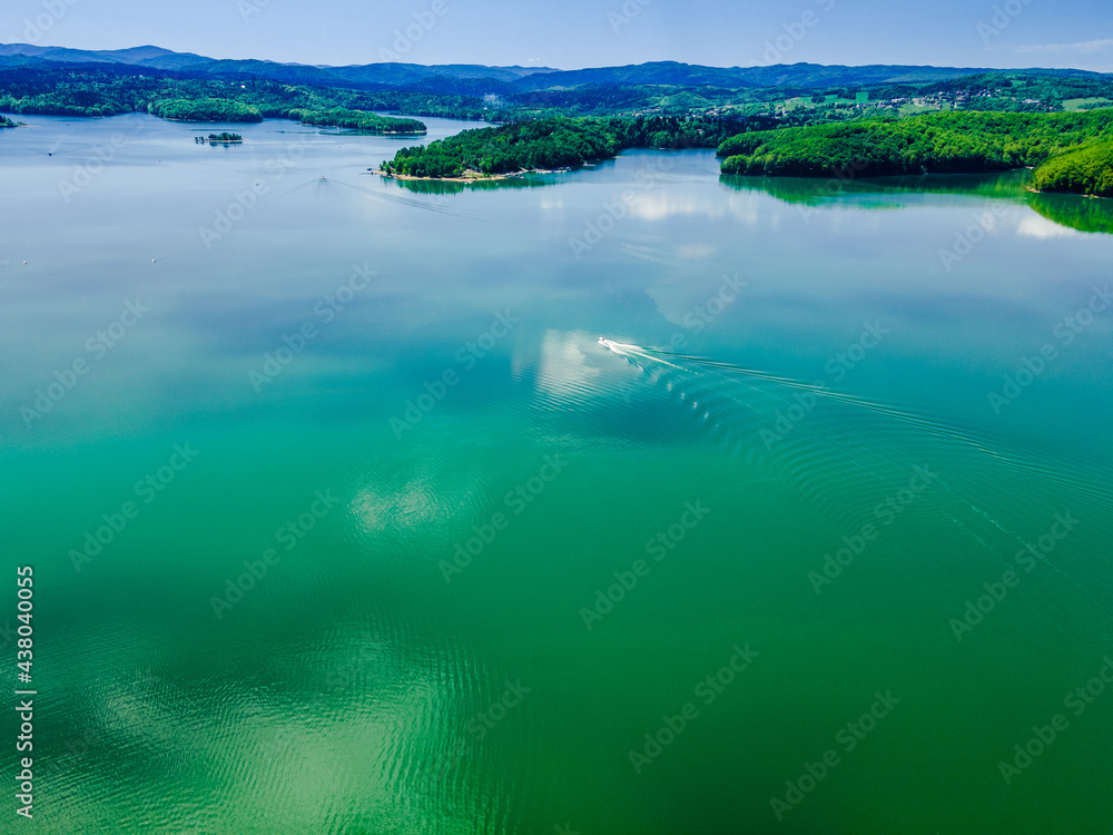 Solina Lake in Bieszczady Mountains, Poland. Aerial Drone View. Turquoise Water at Summer.
