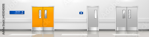 Empty hospital corridor with double doors to day unit laboratory, operating room and men WC. Vector realistic interior of hall in medical clinic metal doors to lab and toilet