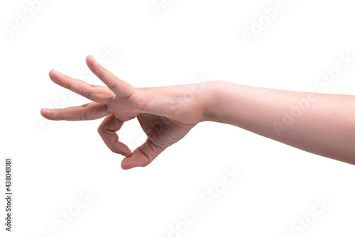The hand gesture resembles a click flick. Isolated on white background.