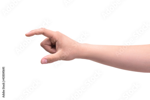 Finger gesture of one person: means little, pinch. Isolated on white background.