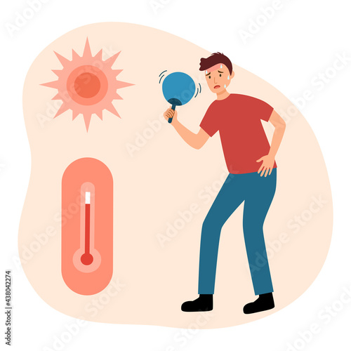 Man suffering from heat stroke and holding waving fan with sun and thermometer in flat design. Overheated hot climate.  photo