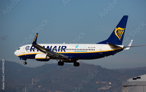 BARCELONA, EL PRAT, SPAIN - JANUARY 26, 2020: Image of passenger Airplane of company Ryanair during landing photo