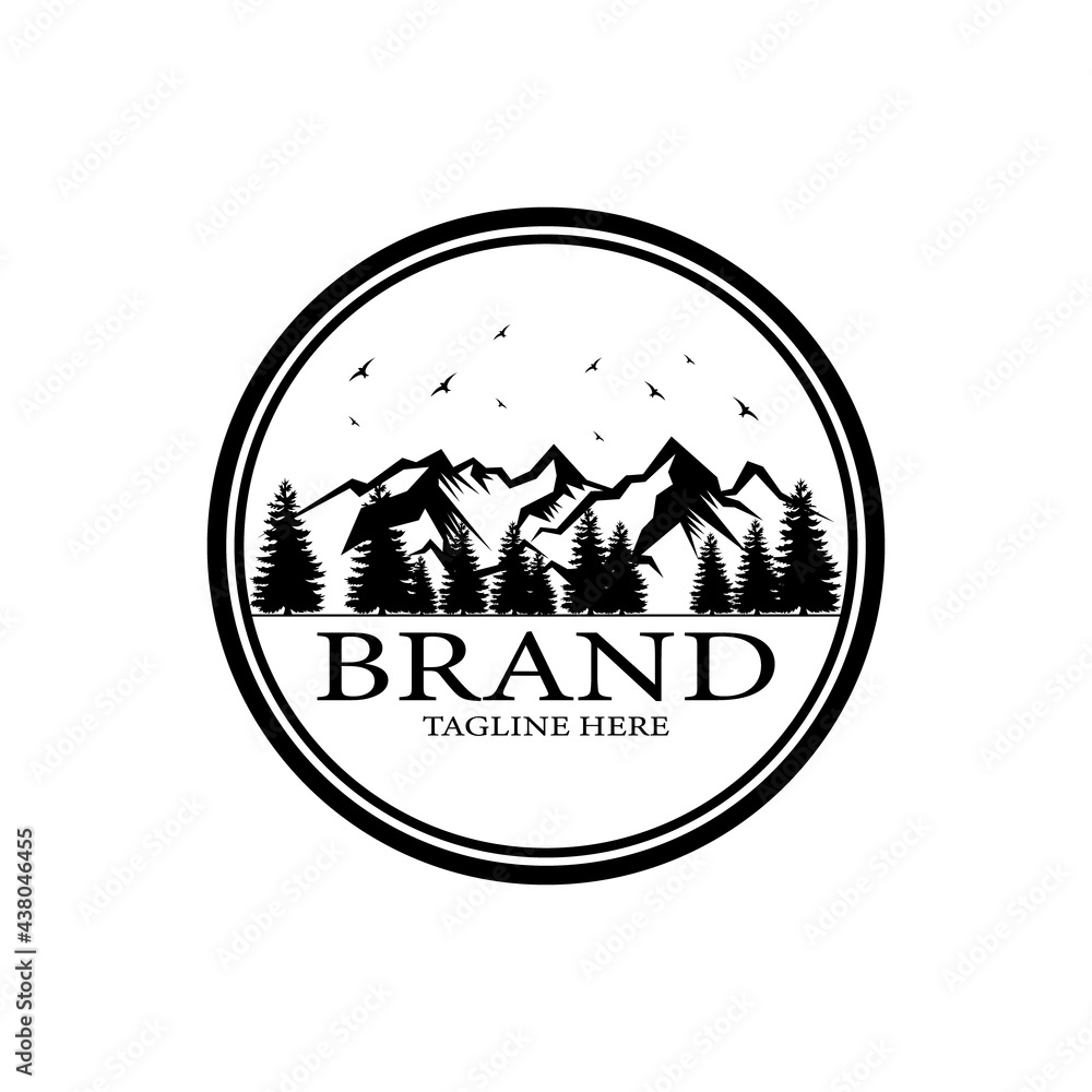 Nature wildlife logo design. vector illustration mountain adventure. mountains and fir trees landscape