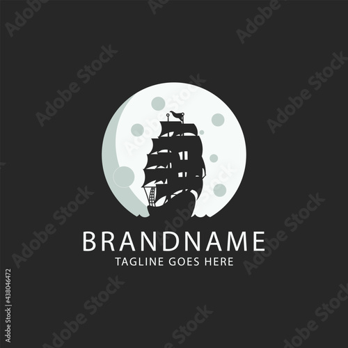 sailing ship logo design. vector illustration of sailing ship with full moon combination. vintage logo design vector logo template