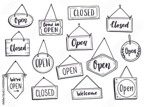 Hand drawn set of open and closed door sign. Doodle sketch style. Shop door or window open label. Vector illustration.