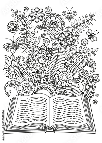Black and white coloring book page for adult. Opened book. Reading book, imagination concept with doodle flowers and butterflyes