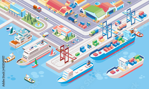 isometric illustration of central port for cargo ships and cruise ships with multiple ships at anchor and containers ready to be transported
