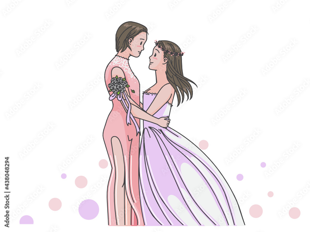 Romantic wedding of lesbian couple. Couple hugging and smiling in a luxurious wedding dress. Romantic wedding of lesbian couple. Couple hugging and smiling in a luxurious wedding dress.